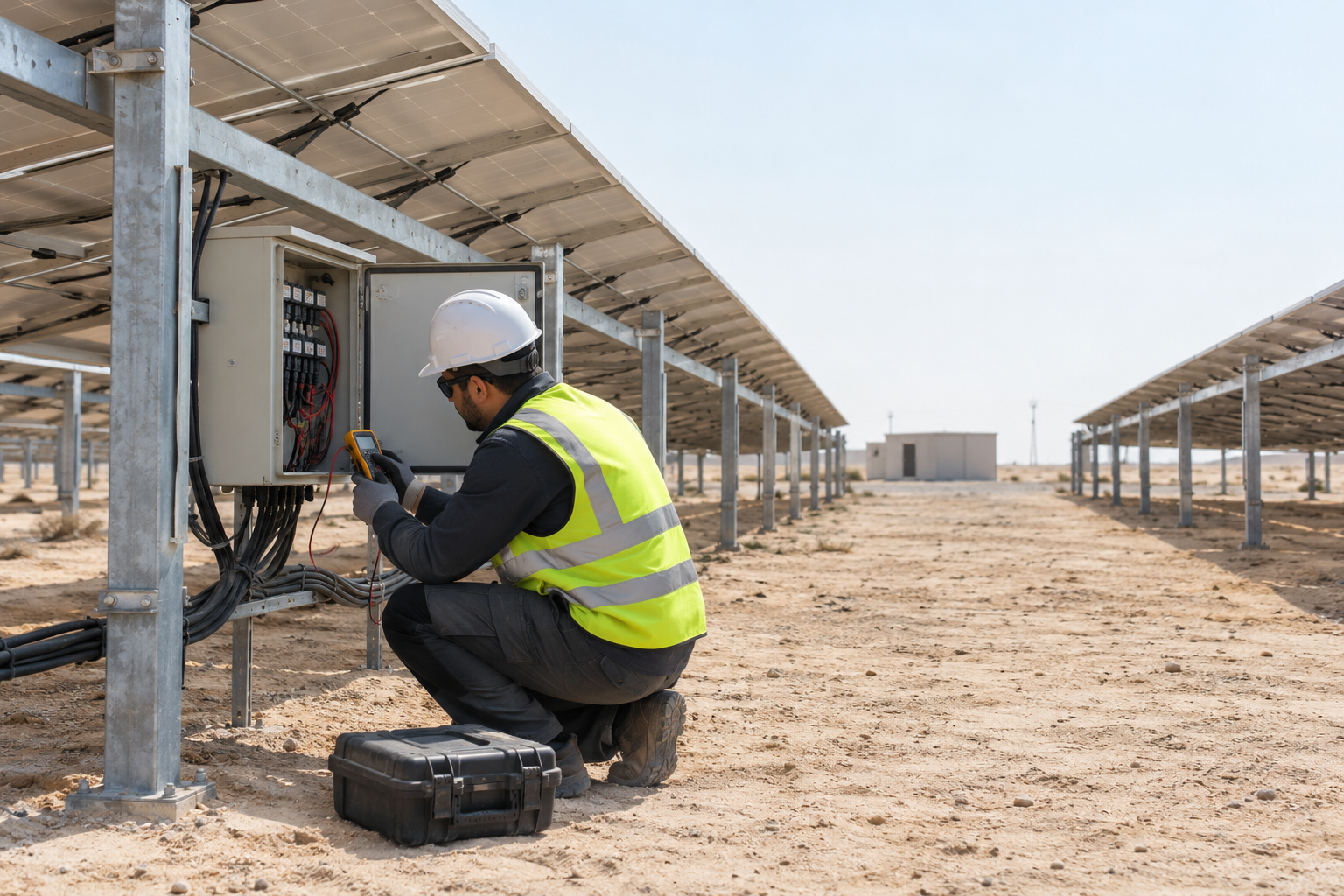 Illustrative engineer inspecting a junction box beneath a solar array.