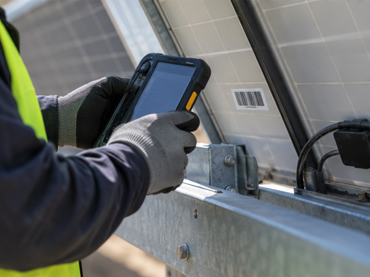 Illustrative PV-module inspection and traceability scene.
