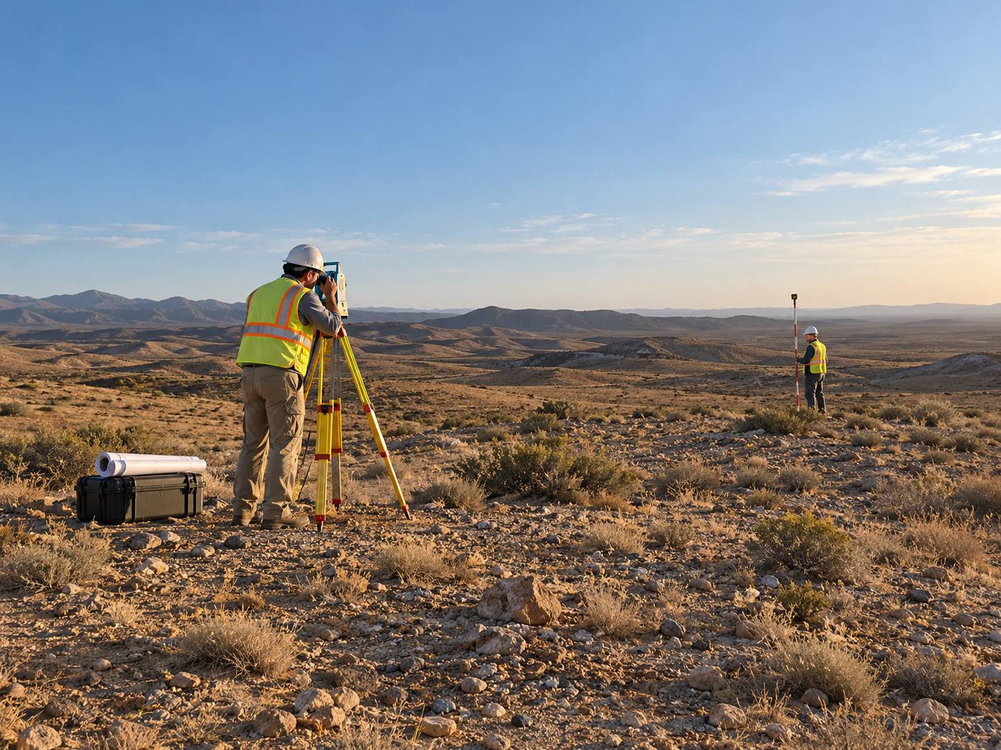 Illustrative engineers surveying undeveloped arid terrain for renewable-energy site assessment.