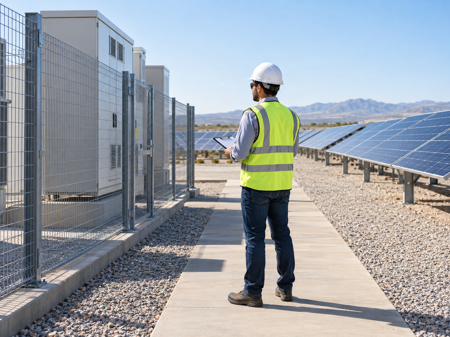 Illustrative QHSE auditor inspecting a secure electrical equipment area beside a solar array.