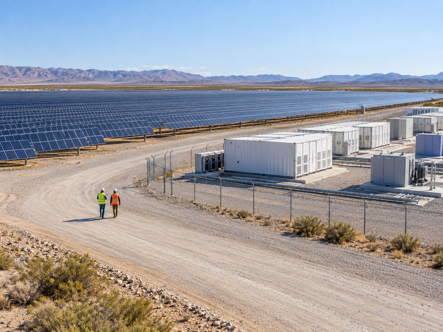 Illustrative combined solar and battery-storage facility with engineers walking along an access road.