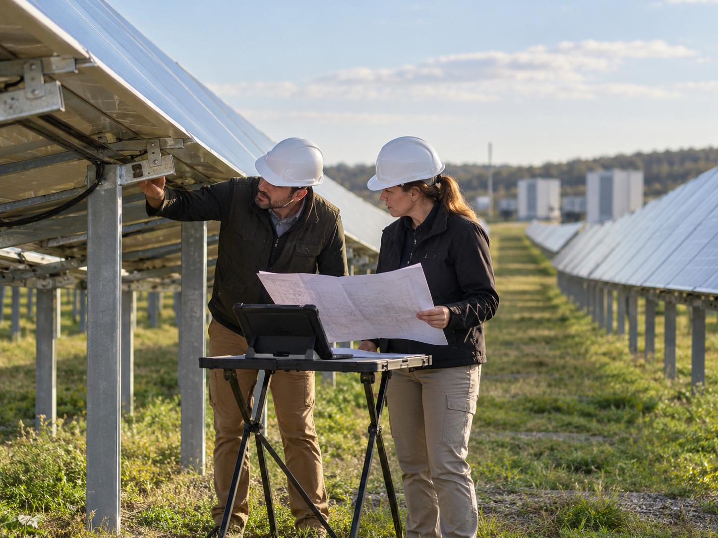 Illustrative technical reviewers assessing an existing solar asset using drawings and a tablet.