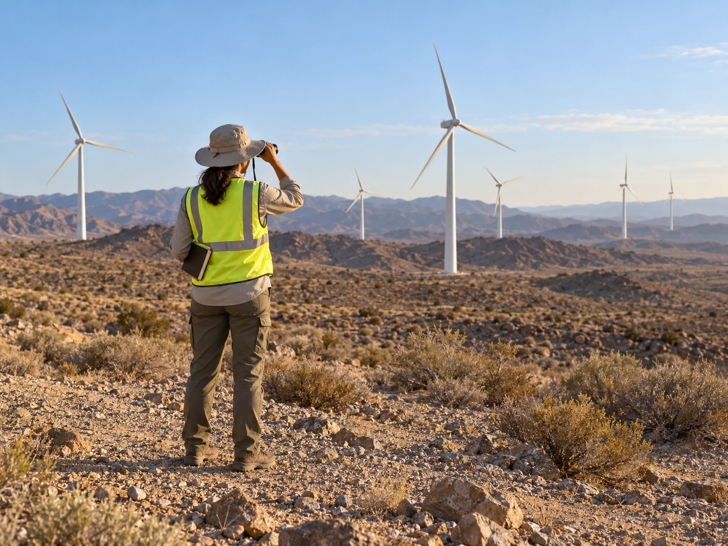 Illustrative environmental field observer using binoculars at a generic desert wind farm.