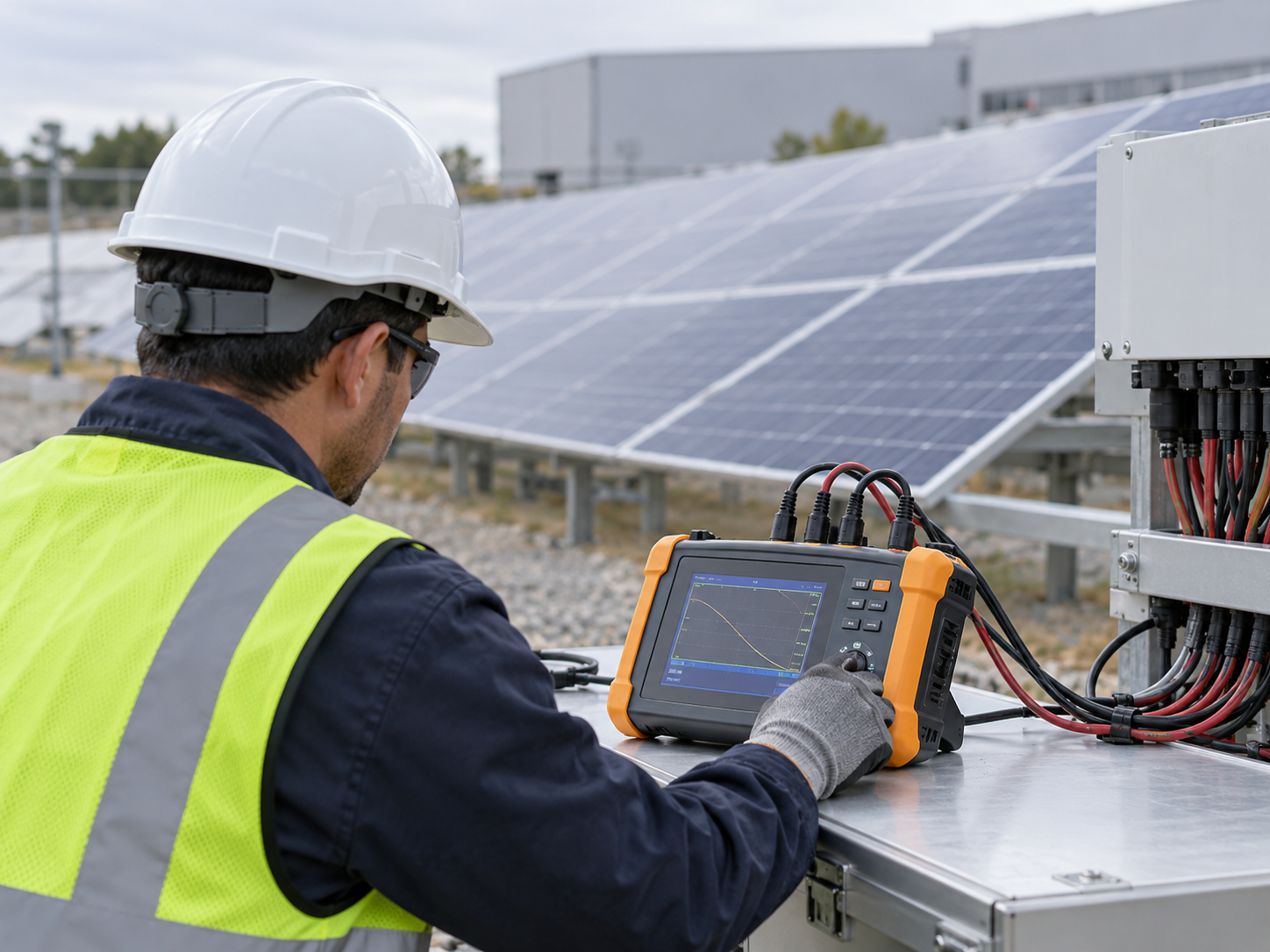 Illustrative commissioning engineer using a PV test instrument beside a solar array.