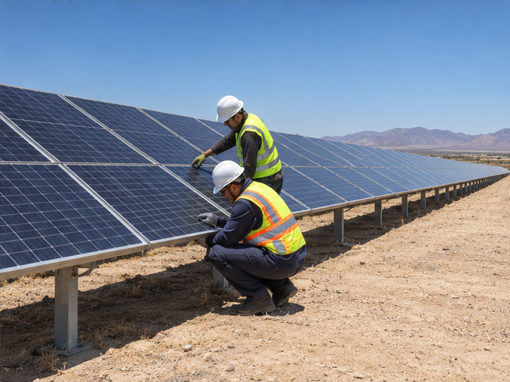 Illustrative engineers inspecting a solar plant for rehabilitation.