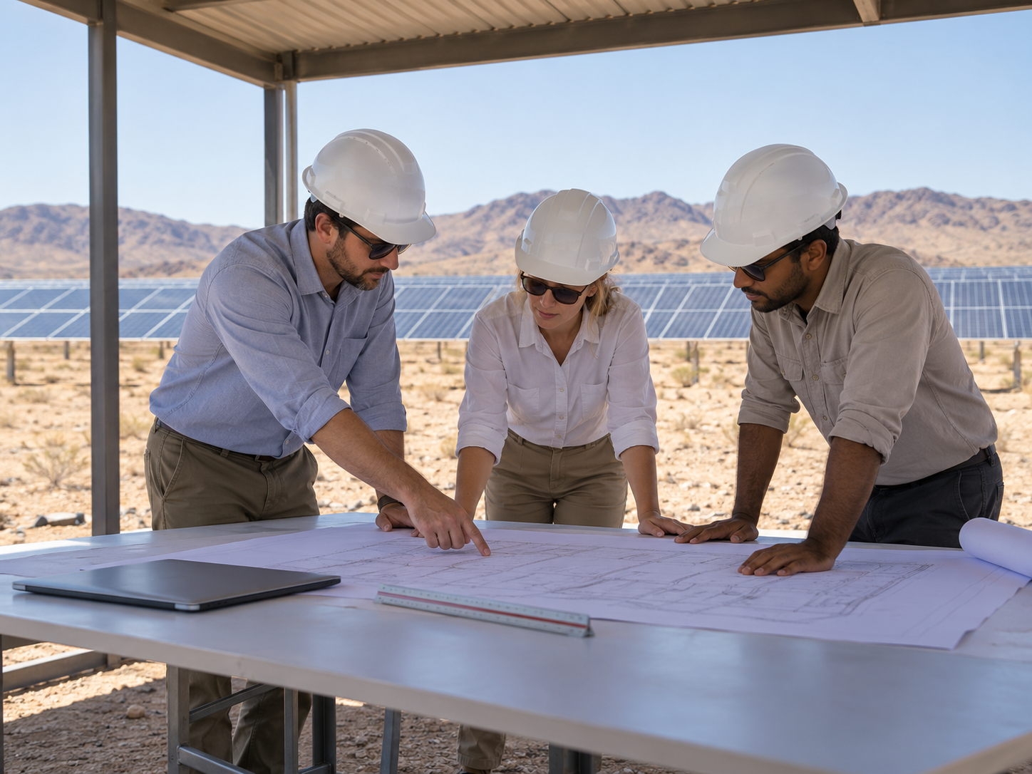 Illustrative EPC consultants reviewing engineering plans beside a ground-mounted solar array.