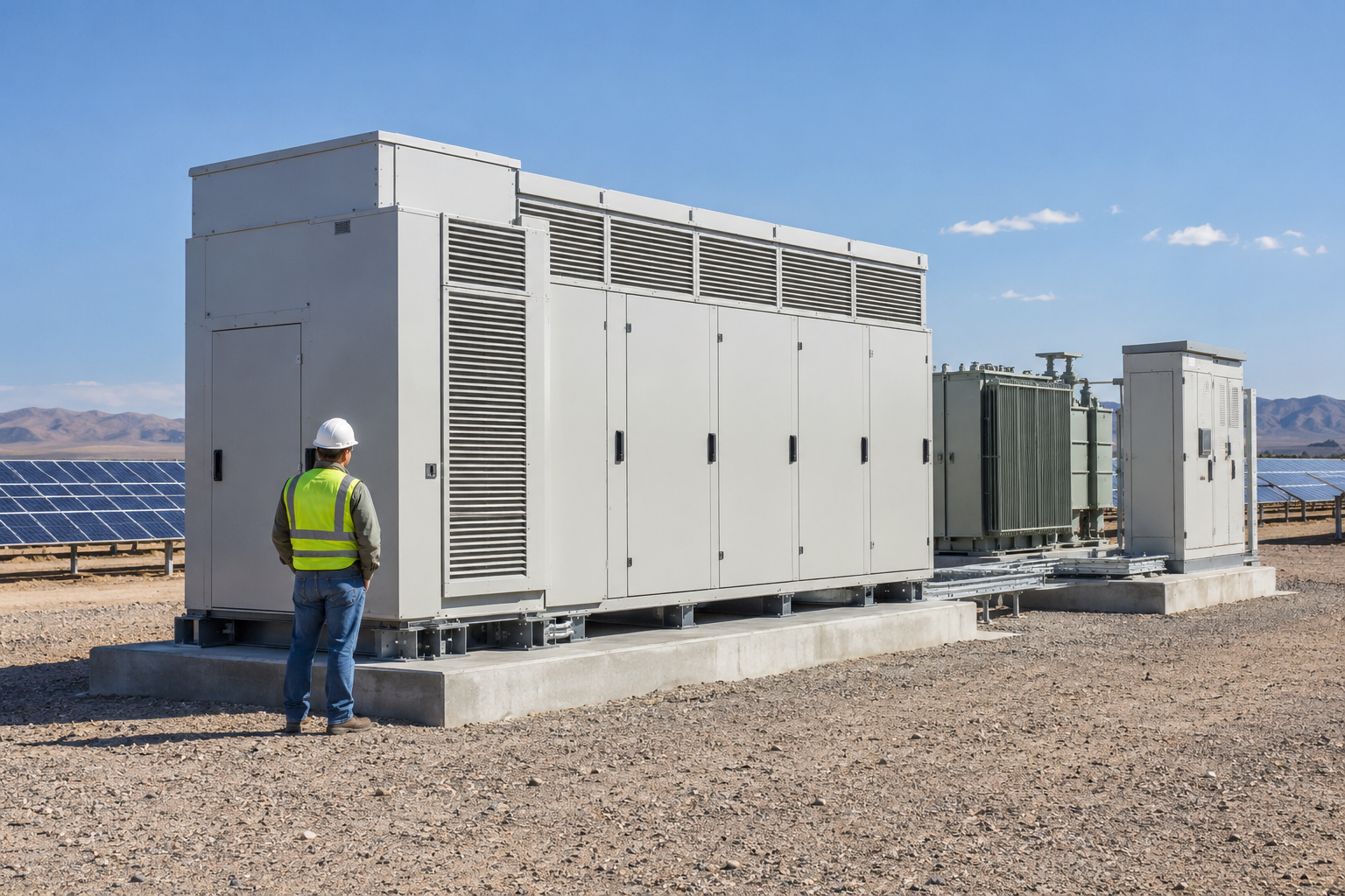 Illustrative utility-scale central inverter enclosure and adjacent transformer, with an engineer for scale.