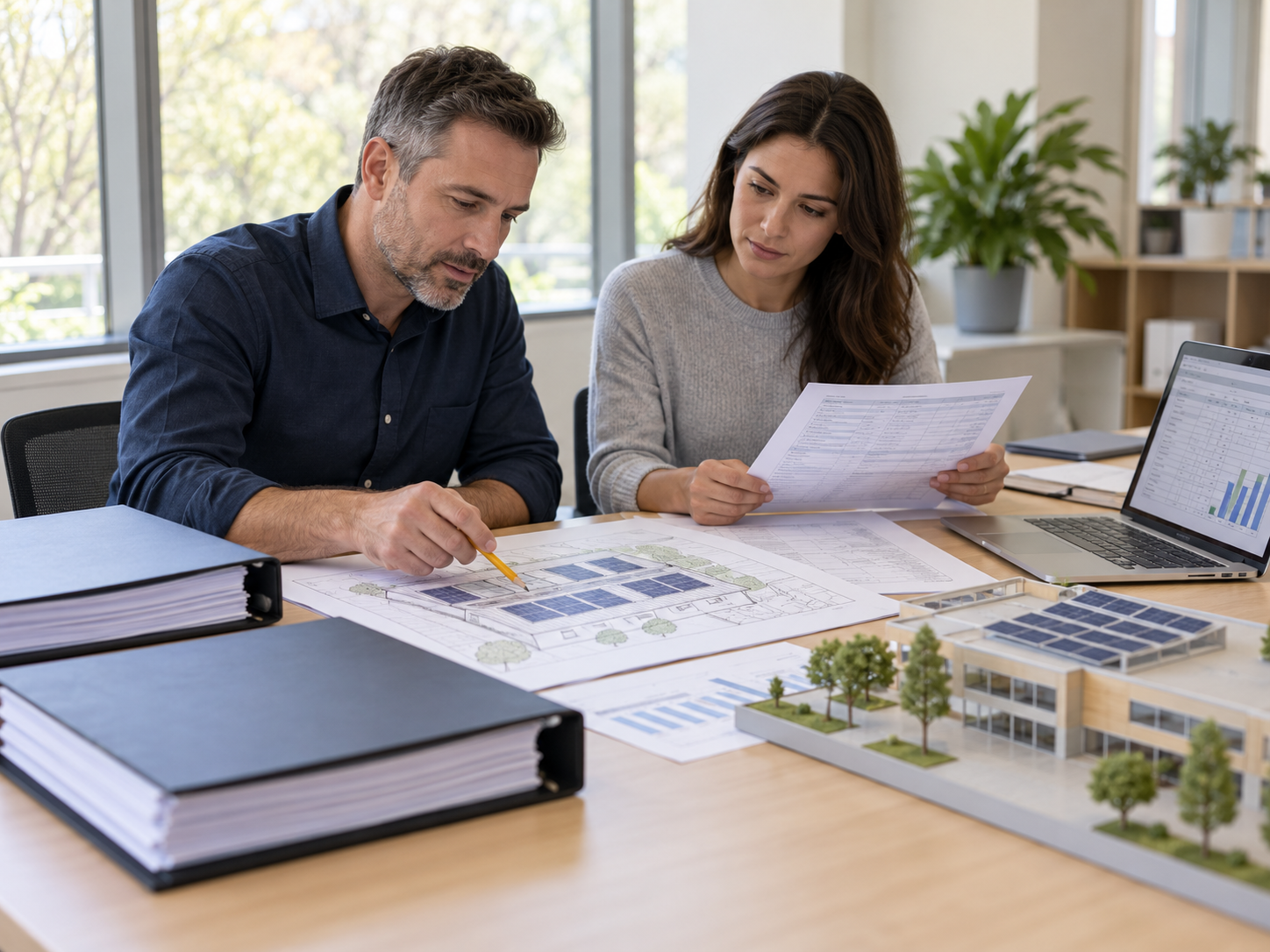 Illustrative engineering reviewers comparing technical tender documents for a school solar installation.
