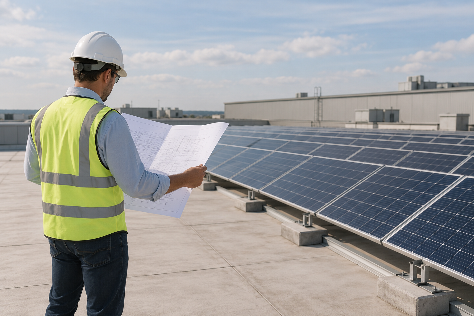 Illustrative engineer with plans on a solar-equipped industrial rooftop.