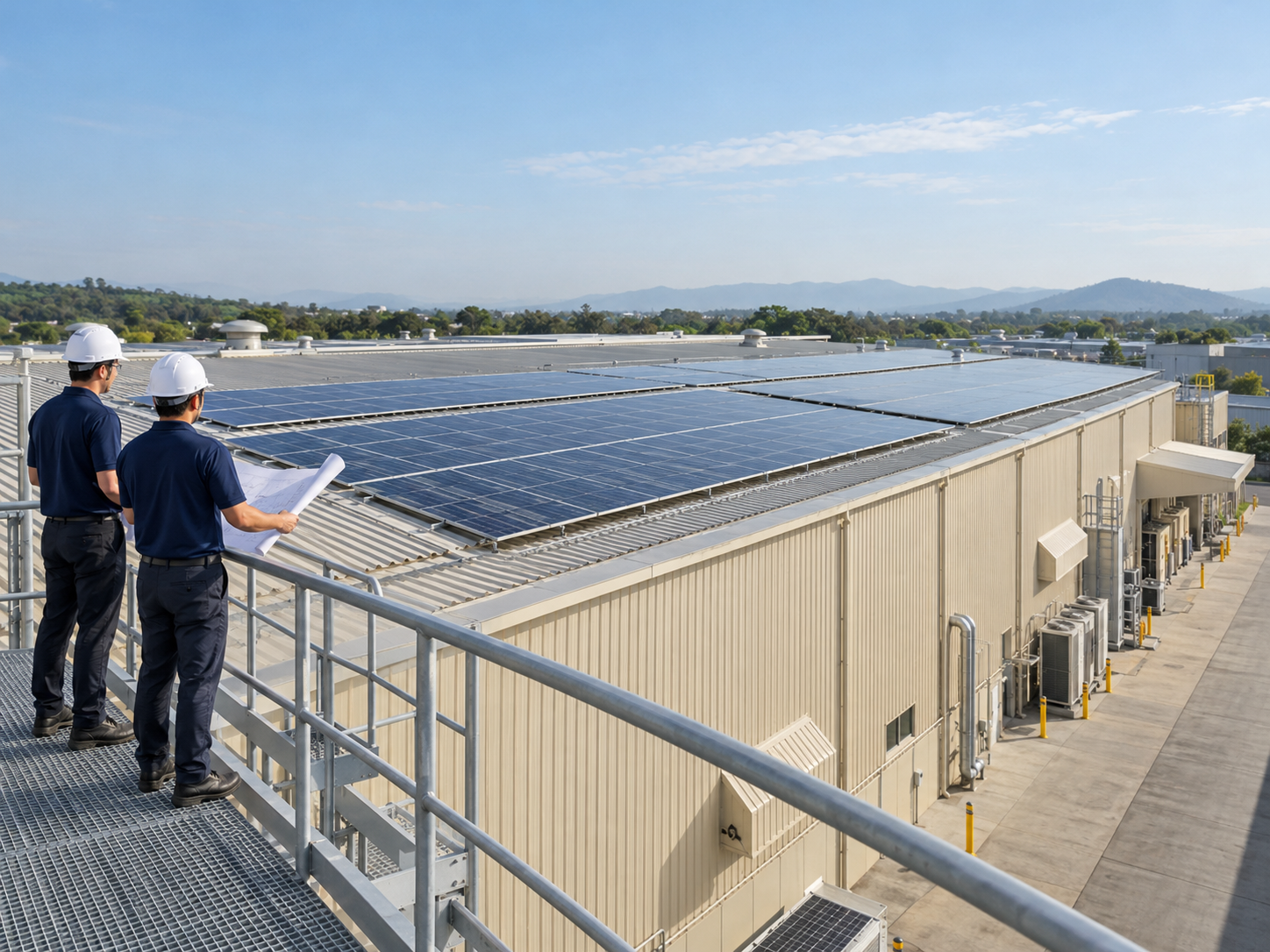 Illustrative industrial rooftop solar array with engineers reviewing plans from a guarded access platform.