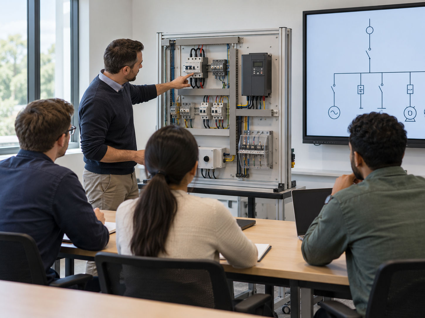 Illustrative electrical-power training session with an instructor, trainees and a teaching panel.